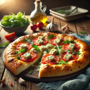 Goudbruine focaccia gevuld met gesmolten gorgonzola, verse tomaat en knoflookolie, bestrooid met bieslook. Geserveerd op een rustieke houten tafel met een frisse rucolasalade en warme, natuurlijke belichting.