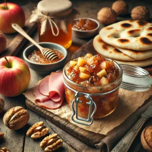 Goudrenet chutney met dadels en walnoten, geserveerd in een glazen pot, gepresenteerd met naanbrood en rauwe ham op een rustieke houten tafel, omringd door ingrediënten zoals appels, walnoten en witte wijnazijn.