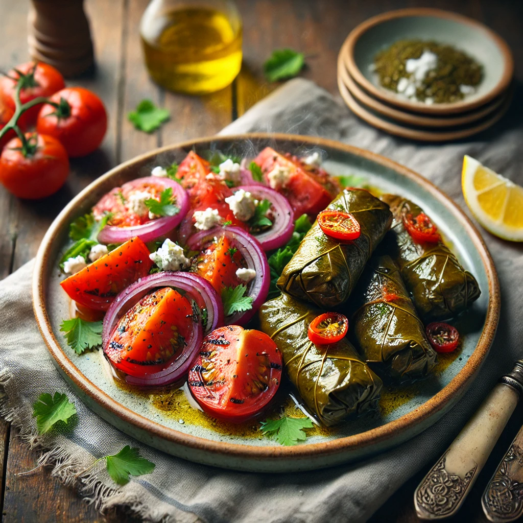 Griekse dolmas met gegrilde tomatensalade, geserveerd op een rustieke houten tafel, gegarneerd met feta, rode ui, peterselie en een schijfje citroen.