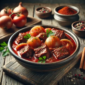Een realistische foto van Griekse Stifado, een rijke stoofschotel met rundvlees, geserveerd in een keramieken kom op een doorleefde houten tafel. De langzaam gegaarde schotel bevat malse stukken rundvlees in een diepe rode tomatensaus, geparfumeerd met kaneel, kruidnagel en rode wijn. Hele zilveruitjes geven een subtiele zoetheid, die de krachtige smaken in balans brengt. Een snufje verse peterselie en een drizzle olijfolie maken het gerecht af. Op de achtergrond ligt een houten snijplank met extra rundvlees, uitjes en een schaaltje specerijen, subtiel vervaagd. Zacht natuurlijk licht benadrukt de texturen en kleuren, wat zorgt voor een uitnodigende, traditionele Griekse uitstraling.