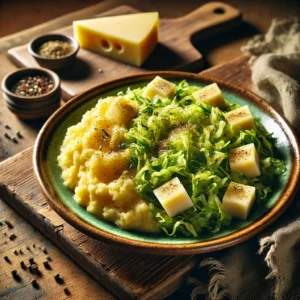 Een rustieke foto van stamppot groene kool met komijnekaas, geserveerd op een keramieken bord op een doorleefde houten tafel. De smeuïge aardappelpuree is gemengd met zacht gebakken groene kool en fijngesneden ui, wat zorgt voor een rijke textuur en levendige kleur. Kleine blokjes komijnekaas zijn door de stamppot geschept en beginnen licht te smelten. Een snufje zwarte peper en een vleugje kerriepoeder voegen extra smaak toe. Op de achtergrond ligt een houten snijplank met extra kaasblokjes en koolreepjes, subtiel vervaagd. Zacht natuurlijk licht zorgt voor een warme en uitnodigende sfeer.