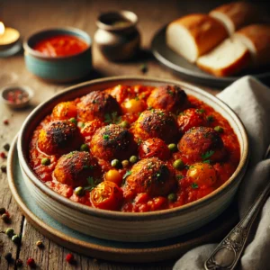 Groentenballetjes in een romige tomatensaus met kruidige specerijen, geserveerd in een keramische kom en gegarneerd met verse kruiden en een scheutje room, met knapperig brood aan de zijkant.