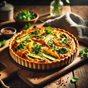 Groentequiche met kruidenkaas en knapperig bladerdeeg, goudbruin gebakken en geserveerd op een houten snijplank, met een plak uitgesneden om de kleurrijke vulling te tonen.