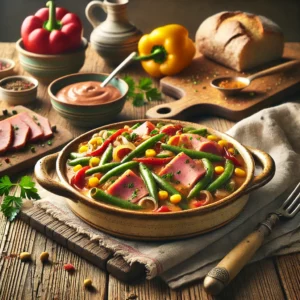 Een realistische foto van hamlappen stroganoff, geserveerd in een rustieke keramieken schaal op een doorleefde houten tafel. Het gerecht bestaat uit malse stukjes ham in een romige stroganoffsaus met gebakken uien, rode en gele paprika en een mix van specerijen. Heldergroene sperziebonen en zoete gele maïs zorgen voor extra kleur en textuur. Verse gehakte peterselie maakt het gerecht af. Op de achtergrond ligt een houten snijplank met extra paprika’s, een kom saus en een rustiek brood, subtiel vervaagd.