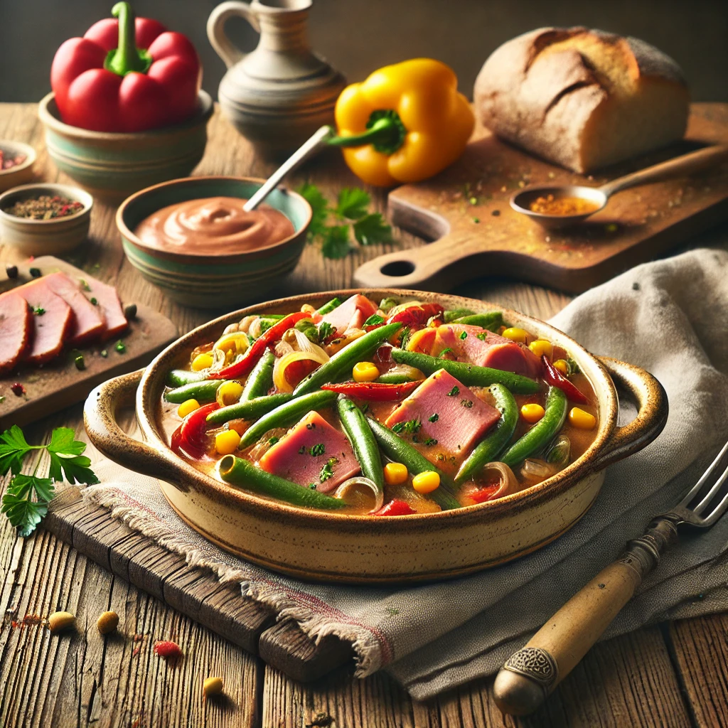 Een realistische foto van hamlappen stroganoff, geserveerd in een rustieke keramieken schaal op een doorleefde houten tafel. Het gerecht bestaat uit malse stukjes ham in een romige stroganoffsaus met gebakken uien, rode en gele paprika en een mix van specerijen. Heldergroene sperziebonen en zoete gele maïs zorgen voor extra kleur en textuur. Verse gehakte peterselie maakt het gerecht af. Op de achtergrond ligt een houten snijplank met extra paprika’s, een kom saus en een rustiek brood, subtiel vervaagd.