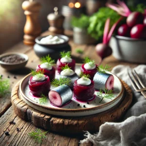 Haringbiet bonbons, elegante hapjes van fijngesneden haring omhuld met gemarineerde biet, gegarneerd met dille, crème fraîche en zwarte sesamzaadjes, geserveerd op een rustieke houten tafel.