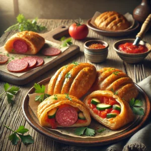 Een realistische foto van huisgemaakte Mexicano’s, een hartig bladerdeeghapje, geserveerd op een rustiek keramieken bord op een doorleefde houten tafel. De goudbruine bladerdeegpakketjes zijn knapperig en gevuld met een mengsel van fijngesneden salami, komkommer, tomatensaus en verse peterselie. Enkele Mexicano’s zijn opengesneden, waardoor de smaakvolle vulling zichtbaar is. De presentatie wordt afgemaakt met een snufje fijngehakte peterselie. Op de achtergrond ligt een houten snijplank met extra salami, een schaaltje tomatensaus en een kwastje met eistrijksel, subtiel vervaagd. Zacht natuurlijk licht benadrukt de texturen en kleuren, wat zorgt voor een uitnodigende, huiselijke sfeer.