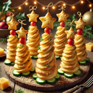 Kaas kerstboom bladerdeeghapjes, goudbruin gebakken, gevuld met kaas en kruiden, versierd met een kersentomaat of mozzarella bolletje op een prikker, rechtop gezet in komkommer- en kaasblokjes, op een rustieke houten tafel met feestelijke decoraties in warm natuurlijk licht.