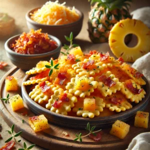 Een realistische foto van hartige kaaskletsers met spek en ananas, geserveerd op een rustieke houten plank. De goudbruine, knapperige kaaskoekjes zijn belegd met krokante spekstukjes en kleine gekarameliseerde ananasblokjes, wat zorgt voor een heerlijke zoet-hartige combinatie. Een vleugje verse kruiden maakt de presentatie af. Op de achtergrond zijn een schaaltje geraspte kaas, extra spekreepjes en enkele ananasschijfjes subtiel vervaagd.