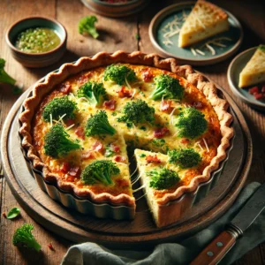 Goudbruine hartige taart met broccoli, spek en geraspte kaas, met een knapperige korst en een romige, goed gevulde vulling. Een stuk is uitgesneden om de zachte binnenkant te tonen. Geserveerd in een rustieke ovenschaal op een houten tafel met warme, natuurlijke belichting.