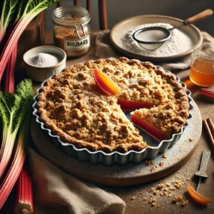 Havermout-rabarbertaart met een gouden kruimeltopping, geserveerd in een rustieke taartvorm, omringd door rabarberstelen, poedersuiker en sinaasappelzest op een houten tafel in warm natuurlijk licht.