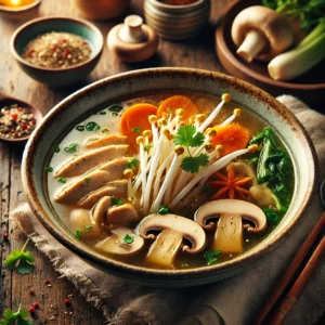 Aromatische Chinese kippensoep met een heldere bouillon, gevuld met malse kipreepjes, wortel, peultjes, shiitake en roerbakmie. Gegarneerd met taugé en verse koriander, geserveerd in een rustieke kom op een houten tafel met zachte, natuurlijke belichting.