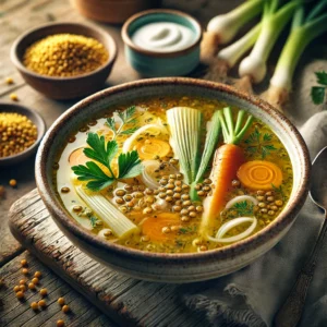 Een realistische foto van heldere mosterdsoep, geserveerd in een keramieken kom op een doorleefde houten tafel. De gouden bouillon is verrijkt met hele mosterdzaadjes, fijngesneden wortel, prei en ui, wat zorgt voor een subtiele textuur. Een drizzle room en een snufje verse peterselie voegen contrast en frisheid toe. Een rustieke lepel ligt naast de kom, klaar om te serveren. Op de achtergrond ligt een houten snijplank met extra mosterdzaad, verse kruiden en een schaaltje room, subtiel vervaagd.