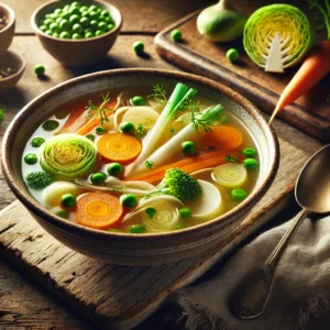 Een realistische foto van heldere Vlaamse soep, geserveerd in een keramieken kom op een doorleefde houten tafel. De lichte, goudkleurige bouillon is gevuld met julienne gesneden wortelen, rapen, spruiten en prei, wat zorgt voor een kleurrijke en verfijnde textuur. Heldere groene erwten en fijngehakte kervel drijven op de oppervlakte, wat een frisse touch geeft. Een rustieke lepel ligt naast de kom, klaar om te serveren. Op de achtergrond ligt een houten snijplank met extra groenten, verse kruiden en een schaaltje bouillon, subtiel vervaagd.