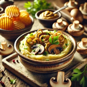 Een rustieke foto van stamppot met paddenstoelen en groentencarrés, geserveerd in een keramieken kom op een doorleefde houten tafel. De smeuïge aardappelpuree is gemengd met gebakken champignons, shiitake en prei, wat zorgt voor een rijke, aardse textuur. Het gerecht is op smaak gebracht met koriander, komijn en laos voor een aromatische toets. Krokant goudbruine groentencarrés liggen ernaast. Een snufje verse peterselie voegt een frisse kleur toe. Op de achtergrond ligt een houten snijplank met extra paddenstoelen en een schaaltje mosterd, subtiel vervaagd. Zacht natuurlijk licht zorgt voor een warme en uitnodigende sfeer.