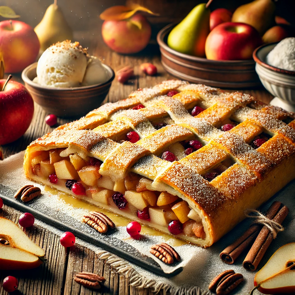 Herfstige strudel met appels, peren, cranberries en pecannoten, met een goudbruine rasterkorst, geserveerd met een bolletje vanille-ijs op een rustieke houten tafel met decoratie van verse herfstingrediënten zoals appels, peren en kaneelstokjes.
