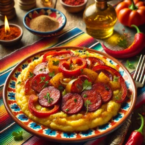 Hete bliksem met chorizo en paprika, een smeuïge stamppot van aardappelen en appels, op smaak gebracht met tijm. Geserveerd met uitgebakken chorizo, rode paprikareepjes en gebakken ui. Een kleurrijk en hartig gerecht met een rijke smaak.