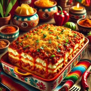 Hete bliksem ovenschotel met pittige gehaktsaus, opgebouwd in lagen van aardappelpuree, gebakken appels en uien, en afgedekt met een laagje gekruid gehakt. De bovenkant is krokant gebakken met paneermeel en boter. Een rijk en hartig gerecht.