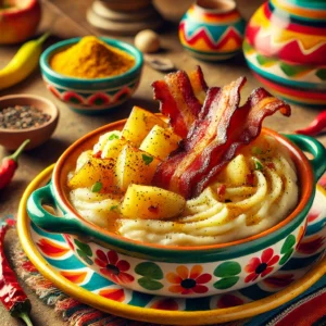 Hete bliksem, een romige stamppot van aardappelen en zachte gekookte appels, geserveerd met krokante plakjes gebakken spek. Het gerecht is smaakvol gekruid en gepresenteerd in een kleurrijke schaal voor een traditionele, hartige maaltijd.