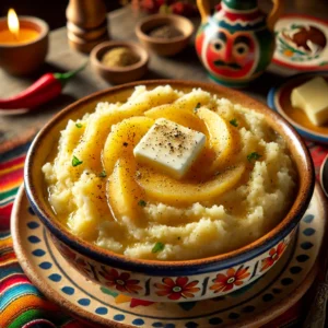Hete bliksem III, een traditionele stamppot van romige aardappelen en zure appels, smeuïg gemaakt met boter en gekruid met versgemalen peper. Geserveerd in een kleurrijke schaal voor een eenvoudige maar smaakvolle maaltijd.