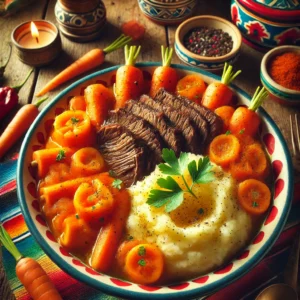 Hollandse hutspot met romige aardappelpuree, gemengd met zacht gestoofde wortelen en uien, geserveerd met dikke plakken klapstuk. Het gerecht is smaakvol gekruid met zwarte peper en gepresenteerd in een kleurrijke schaal voor een traditionele en hartige maaltijd.
