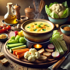 Romige Nederlandse kaasfondue, dampend geserveerd in een rustieke keramische fonduepot. Ernaast liggen volkorenbroodblokjes, bloemkoolroosjes, komkommersticks, cherrytomaatjes, radijsjes en wortelschijfjes, op een houten tafel met warme, natuurlijke belichting.