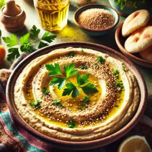 Een levendige en uitnodigende presentatie van hummus met sesamzaad en peterselie, geserveerd in een rustieke kom. De romige hummus is gegarneerd met geroosterde sesamzaadjes, een scheutje olijfolie en verse peterselie. De setting bevat een kleurrijk tafelkleed, een bord met warm pitabrood, een klein schaaltje olijfolie en een glas met citroenwater, verlicht door helder natuurlijk licht om de frisse en romige uitstraling te benadrukken.
