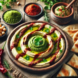 Een rustieke houten tafel met een prachtig opgemaakt bord hummus, gegarneerd met groene zhuksaus en rode harissa, omringd door warm pitabrood, verse kruiden en schaaltjes met extra dip.
