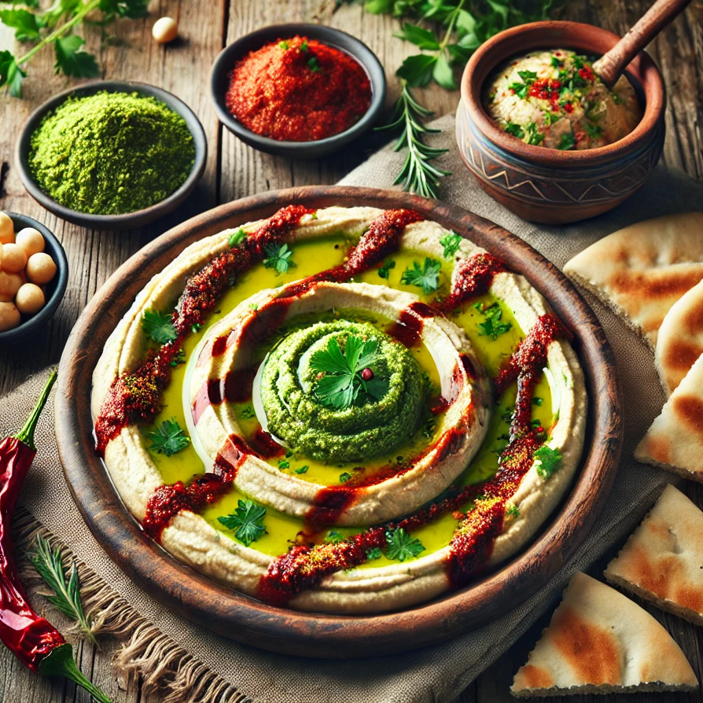 Een rustieke houten tafel met een prachtig opgemaakt bord hummus, gegarneerd met groene zhuksaus en rode harissa, omringd door warm pitabrood, verse kruiden en schaaltjes met extra dip.