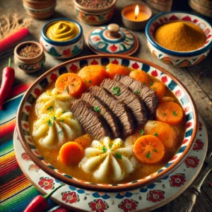 Hutspot met romige aardappelpuree, gemengd met gekookte wortelen en uien, geserveerd met dikke plakken mals gestoofd klapstuk. Het gerecht is aangevuld met een lepel mosterd en smaakvol gepresenteerd in een kleurrijke schaal. Een traditioneel en hartig gerecht.