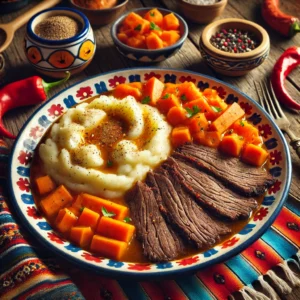 Romige hutspot met aardappelpuree, zacht gestoofde wortelen en uien, geserveerd met malse plakken klapstuk. Het gerecht is smaakvol gepresenteerd en licht gekruid met peper en zout voor een traditionele, hartige maaltijd.