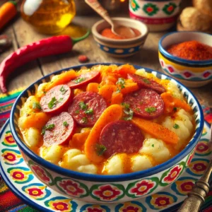 Hutspot met romige aardappelpuree, gemengd met hutspotgroenten en blokjes goudsalami, geserveerd met een pittige jus van rode peper, ketchup en boter. Het gerecht is smaakvol gepresenteerd en gegarneerd met verse kruiden.