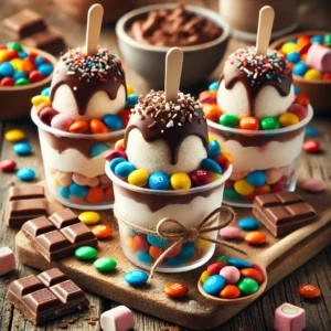 Een realistische foto van zelfgemaakte ijszoenen, feestelijk gedecoreerd met chocoladezoenen en kleurrijke mini M&M’s. De traktaties zijn geplaatst in kleine, doorzichtige dessertcups met een laagje M&M’s, met daarbovenop een chocoladezoen. Elk dessert heeft een decoratief stokje met een lintje voor een speelse uitstraling. Op de achtergrond staan een rustieke houten tafel met extra M&M’s, chocoladeschaafsel en een klein schaaltje gesmolten chocolade, subtiel vervaagd voor een warme sfeer.