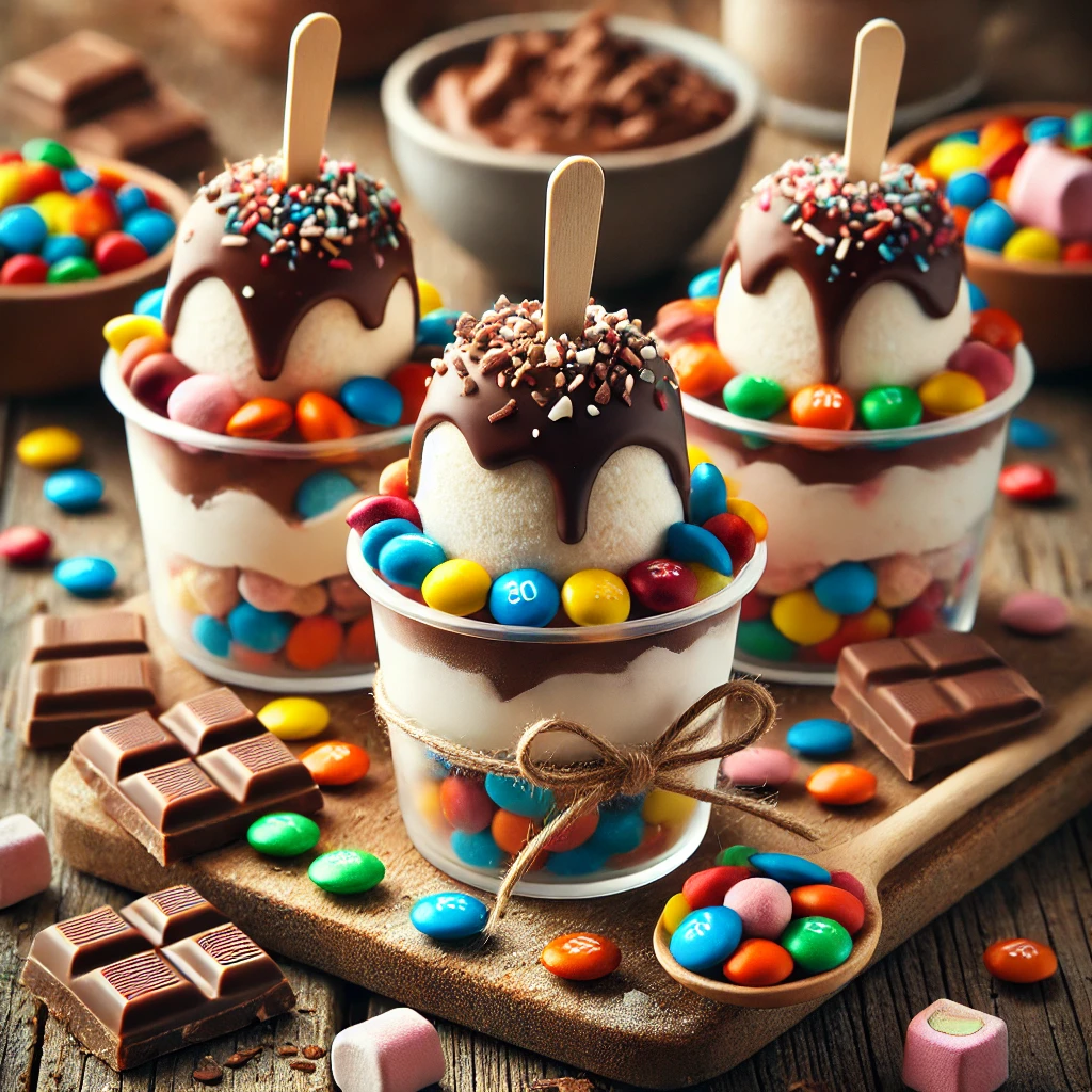 Een realistische foto van zelfgemaakte ijszoenen, feestelijk gedecoreerd met chocoladezoenen en kleurrijke mini M&M’s. De traktaties zijn geplaatst in kleine, doorzichtige dessertcups met een laagje M&M’s, met daarbovenop een chocoladezoen. Elk dessert heeft een decoratief stokje met een lintje voor een speelse uitstraling. Op de achtergrond staan een rustieke houten tafel met extra M&M’s, chocoladeschaafsel en een klein schaaltje gesmolten chocolade, subtiel vervaagd voor een warme sfeer.