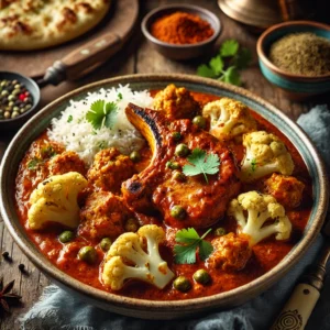 Indiase karbonade curry met een rijke, kruidige saus en zachte bloemkoolroosjes, geserveerd in een rustieke kom. Gegarneerd met verse koriander en komijnzaad, met basmati rijst en warm naanbrood op een houten tafel met sfeervolle, natuurlijke belichting.