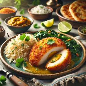 Een realistische foto van Indiase Chicken Kiev, geserveerd op een rustieke keramieken schaal. De goudbruine, knapperige kipfilet is doorgesneden, waardoor een rijke, gekruide boter met knoflook, gember en Indiase specerijen zichtbaar wordt. Ernaast ligt geurige basmatirijst en gebakken spinazie als bijgerecht. Een snufje verse koriander en een partje limoen voegen een frisse toets toe. Op de achtergrond staan een schaaltje mangochutney, een kommetje raita en een stapeltje warm naanbrood, subtiel vervaagd voor een authentieke Indiase sfeer.