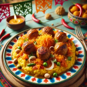 Indische hutspot met hutspotgroenten, romige aardappelpuree en nasi goreng boemboe, gegarneerd met glanzende tartaarballetjes en krokante seroendeng. Een smaakvolle en kleurrijke combinatie van Nederlandse en Indonesische invloeden.