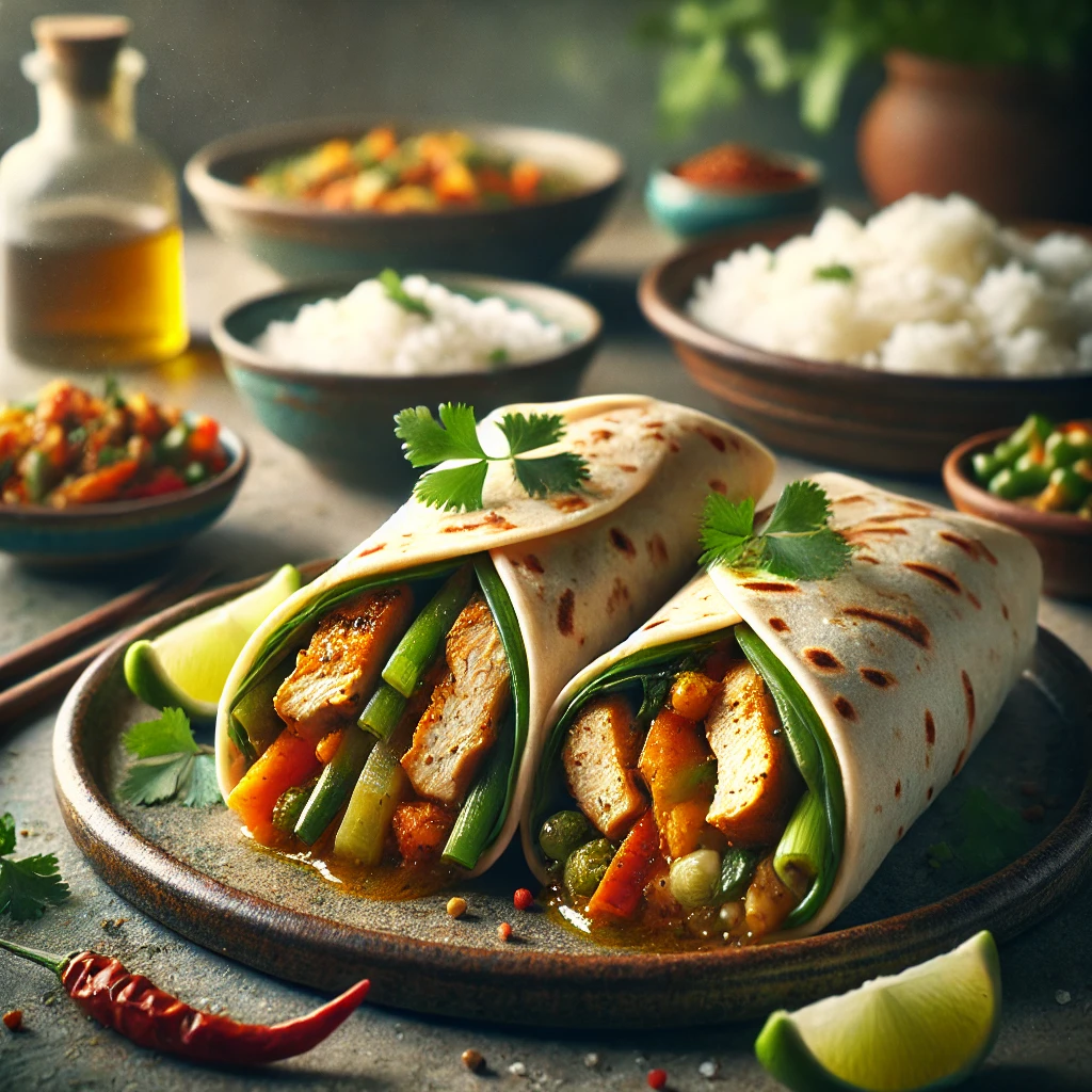 Een realistische foto van Indonesische wraps, geserveerd op een rustieke keramieken schaal. De wraps zijn gevuld met malse kip in een kruidige kokossaus, luchtige witte rijst en kleurrijke roerbakgroenten. De goudbruine tortilla’s zijn opgevouwen om de smaakvolle vulling zichtbaar te maken. Een garnering van verse koriander en partjes limoen voegt een frisse toets toe. Op de achtergrond staan een schaaltje sambal, een kom met plakjes komkommer en een fles sojasaus, subtiel vervaagd voor een authentieke Indonesische sfeer.