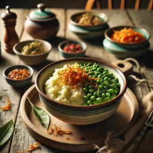 Een rustieke foto van vegetarische andijviestamppot met een Indonesisch tintje, geserveerd in een keramieken kom op een doorleefde houten tafel. De smeuïge aardappelpuree is gemengd met fijngesneden verse andijvie, wat zorgt voor een frisse groene tint. Een vleugje sambal oelek geeft een pittige smaak, terwijl knapperige gefruite uitjes extra textuur toevoegen. Het gerecht is gegarneerd met seroendeng, een aromatische mix van geroosterde kokos en pinda’s. Ernaast wordt kleurrijke atjar tjampoer geserveerd voor een friszuur contrast. Op de achtergrond ligt een houten snijplank met extra andijvie en een schaaltje sambal, subtiel vervaagd. Zacht natuurlijk licht zorgt voor een warme en uitnodigende sfeer.