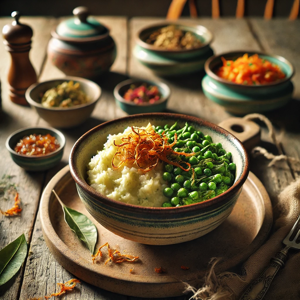 Een rustieke foto van vegetarische andijviestamppot met een Indonesisch tintje, geserveerd in een keramieken kom op een doorleefde houten tafel. De smeuïge aardappelpuree is gemengd met fijngesneden verse andijvie, wat zorgt voor een frisse groene tint. Een vleugje sambal oelek geeft een pittige smaak, terwijl knapperige gefruite uitjes extra textuur toevoegen. Het gerecht is gegarneerd met seroendeng, een aromatische mix van geroosterde kokos en pinda’s. Ernaast wordt kleurrijke atjar tjampoer geserveerd voor een friszuur contrast. Op de achtergrond ligt een houten snijplank met extra andijvie en een schaaltje sambal, subtiel vervaagd. Zacht natuurlijk licht zorgt voor een warme en uitnodigende sfeer.