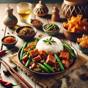Indonesische Babi Ketjap met sappige sperziebonen, geserveerd met witte rijst en krokante kroepoek, gegarneerd met paprika en taugé, op een rustieke tafel met decoratieve Indonesische elementen en een glas witte wijn.