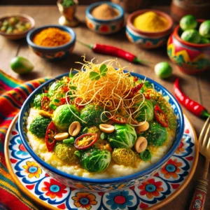 Indonesische spruitjesstamppot met romige aardappelpuree, geroerbakte spruitjes, knapperige pinda’s en verse taugé, op smaak gebracht met ketjap manis. Het gerecht is gegarneerd met krokante cassave kroepoek en kleurrijk gepresenteerd.