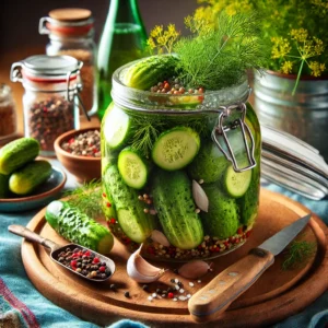Een levendige en frisse presentatie van ingelegde augurken met kruiden, gerangschikt in een rustieke glazen pot. De augurken zijn op smaak gebracht met verse dille, knoflookteentjes en peperkorrels, en de pot staat op een houten snijplank. De setting bevat een kleurrijk tafelkleed, een klein schaaltje met inmaakkruiden, een mes en een glas bruisend water, verlicht door helder natuurlijk licht om de frisse en pittige uitstraling te benadrukken.