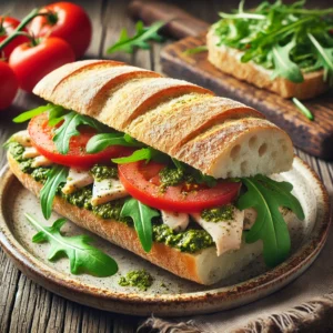 Een realistische foto van een Italiaans broodje, geserveerd op een rustiek keramieken bord op een doorleefde houten tafel. Het warme, knapperige Italiaanse bolletje is opengesneden en gevuld met romige kip-pestosalade. Verse rucolablaadjes zorgen voor een pittige crunch, terwijl dunne plakjes rijpe tomaat een sappig contrast bieden. Op de achtergrond ligt een houten snijplank met extra ingrediënten zoals tomaten en rucola, subtiel vervaagd. Zacht natuurlijk licht benadrukt de texturen en kleuren, wat zorgt voor een frisse en uitnodigende uitstraling.