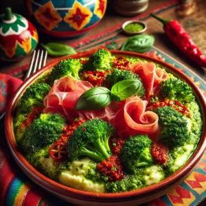 taliaanse broccolistamppot met romige aardappelpuree, gemengd met broccoli en rode pesto, en gegarneerd met dunne plakken rauwe ham. Het gerecht is afgemaakt met verse basilicumblaadjes en smaakvol gepresenteerd in een kleurrijke schaal.