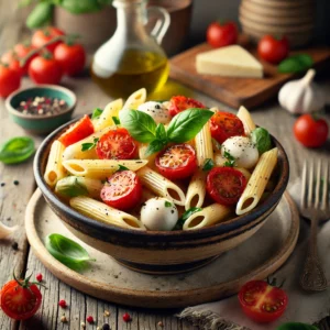 Een realistische foto van Italiaanse Caprese Penne, geserveerd in een keramieken kom op een doorleefde houten tafel. De pasta is al dente gekookt en gemengd met geroosterde cherrytomaten, romige mozzarellabolletjes en verse basilicumblaadjes. Een drizzle extra vierge olijfolie en een snufje versgemalen zwarte peper versterken de smaken. Op de achtergrond ligt een houten snijplank met extra tomaten, basilicum en een flesje olijfolie, subtiel vervaagd. Zacht natuurlijk licht benadrukt de texturen en kleuren, wat zorgt voor een uitnodigende, frisse uitstraling.