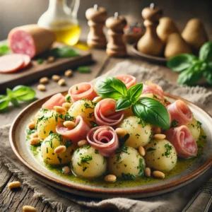 Italiaanse krieltjessalade met dunne plakjes mortadella, geroosterde pijnboompitten en verse basilicum, geserveerd met een lichte kruidendressing op een rustieke houten tafel.
