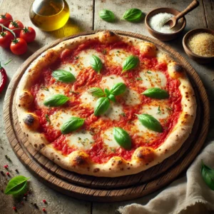 Authentieke Italiaanse pizza Margherita met een dunne, krokante korst, tomatensaus, gesmolten mozzarella en verse basilicumblaadjes, geserveerd op een houten pizzaplank in een rustieke setting.