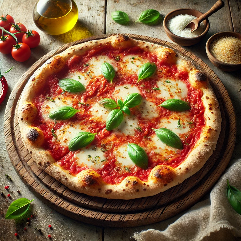 Authentieke Italiaanse pizza Margherita met een dunne, krokante korst, tomatensaus, gesmolten mozzarella en verse basilicumblaadjes, geserveerd op een houten pizzaplank in een rustieke setting.