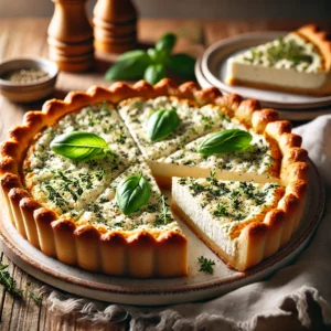 Italiaanse ricottataart met een knapperige korst en romige, met kruiden gevulde vulling, gegarneerd met verse basilicum en tijm, geserveerd op een rustieke houten tafel.